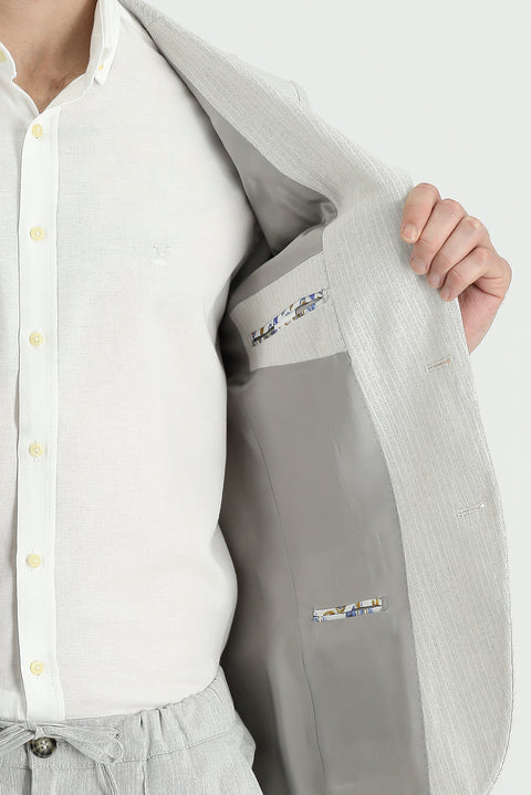 Açık Gri 6 Drop Regular Fit Standart Kesim Çizgili Pamuklu Keten Karışımlı Ceket