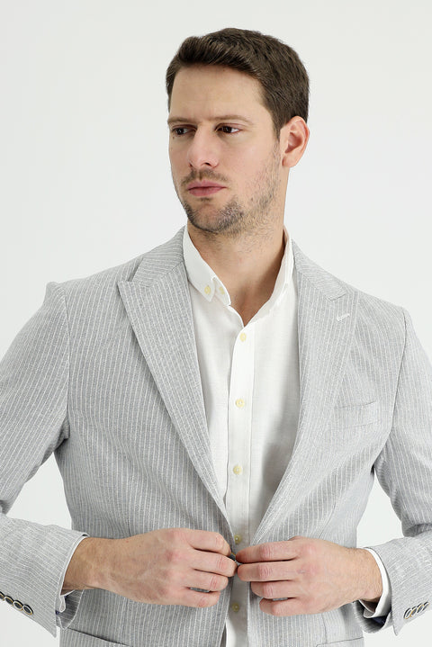 Orta Gri 4 Drop Relaxed Fit Rahat Kesim Çizgili Pamuklu Keten Karışımlı Ceket