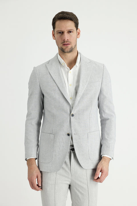 Medium Grey 4 Drop Relaxed Fit Striped Cotton Linen Blend Jacket