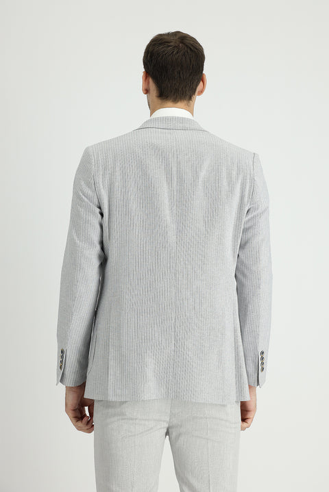 Orta Gri 4 Drop Relaxed Fit Rahat Kesim Çizgili Pamuklu Keten Karışımlı Ceket