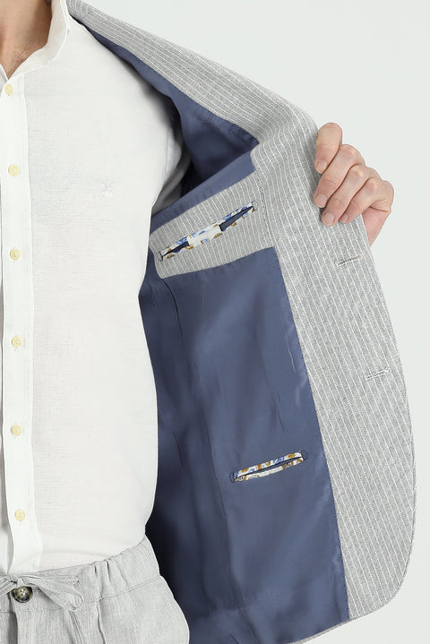 Orta Gri 4 Drop Relaxed Fit Rahat Kesim Çizgili Pamuklu Keten Karışımlı Ceket