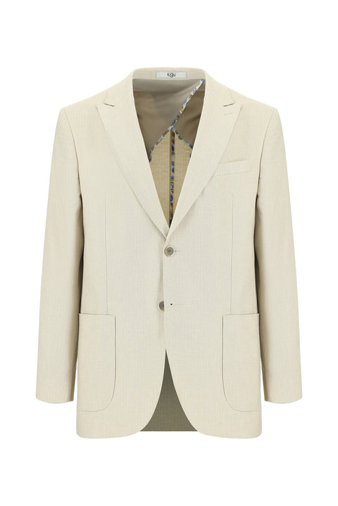 Açık Bej 4 Drop Relaxed Fit Rahat Kesim Çizgili Pamuklu Keten Karışımlı Ceket