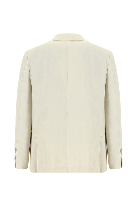 Açık Bej 6 Drop Regular Fit Standart Kesim Çizgili Pamuklu Keten Karışımlı Ceket