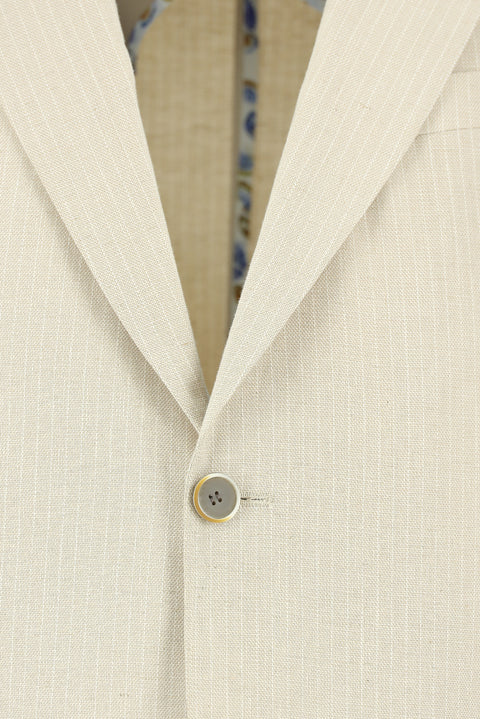 Açık Bej 4 Drop Relaxed Fit Rahat Kesim Çizgili Pamuklu Keten Karışımlı Ceket