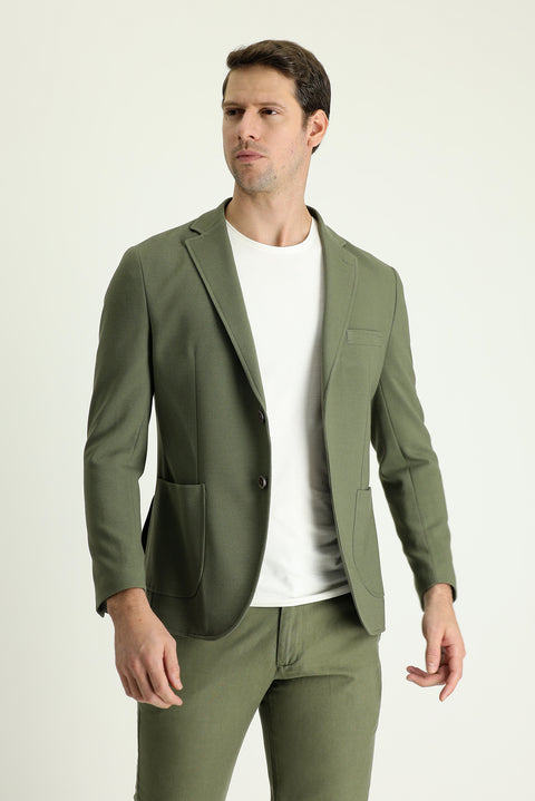 Yağ Yeşili-Olive 7 Drop Slim Fit Dar Kesim Spor Ceket