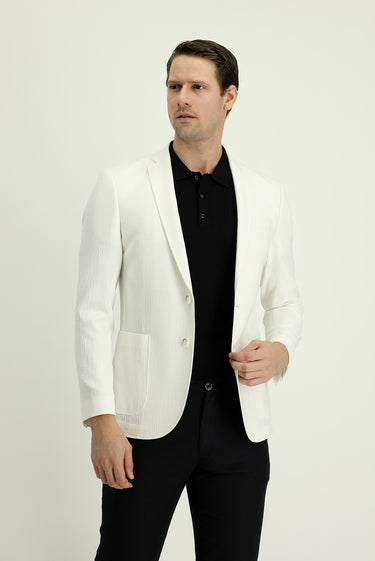 Krem Super Slim Fit Ekstra Dar Kesim Fit Desenli Spor Ceket