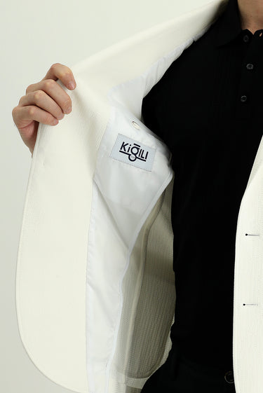 Krem Super Slim Fit Ekstra Dar Kesim Desenli Spor Ceket