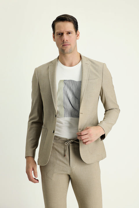 Açık Vizon 7 Drop Super Slim Fit Eksra Dar Kesim Desenli Spor Ceket