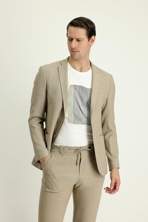 Açık Vizon 7 Drop Super Slim Fit Eksra Dar Kesim Desenli Spor Ceket