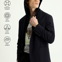 Siyah Techno-Line Slim Fit Dar Kesim Kapüşonlu Örme Spor Ceket