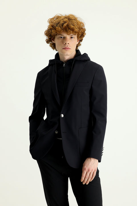Siyah Techno-Line 7 Drop Slim Fit Dar Kesim Kapüşonlu Örme Spor Ceket