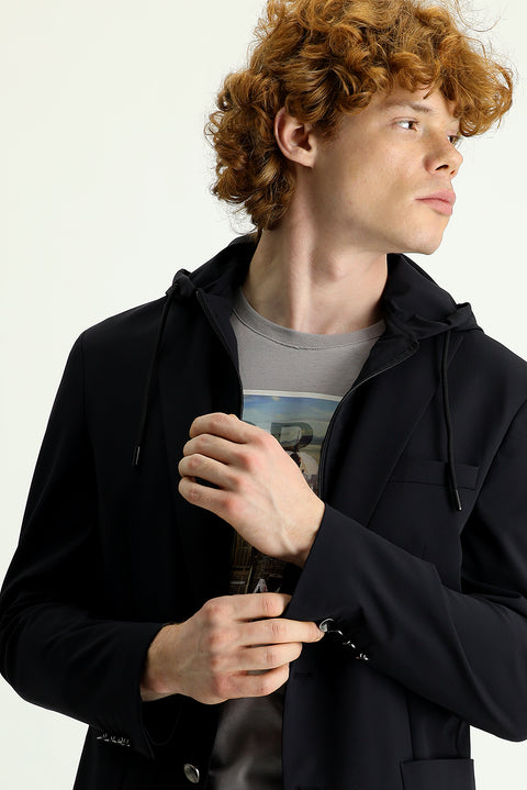 Siyah Techno-Line 7 Drop Slim Fit Dar Kesim Kapüşonlu Örme Spor Ceket