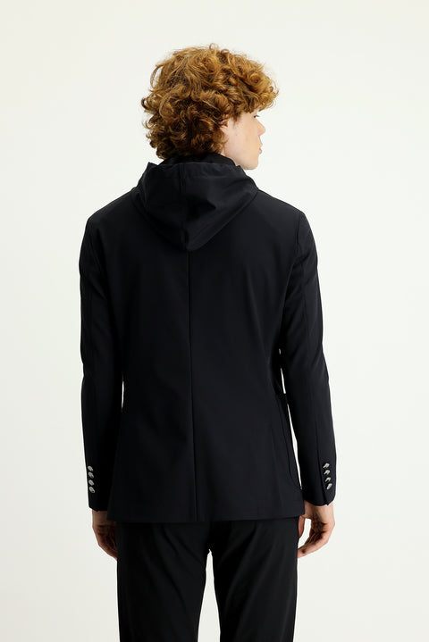 Siyah Techno-Line 7 Drop Slim Fit Dar Kesim Kapüşonlu Örme Spor Ceket