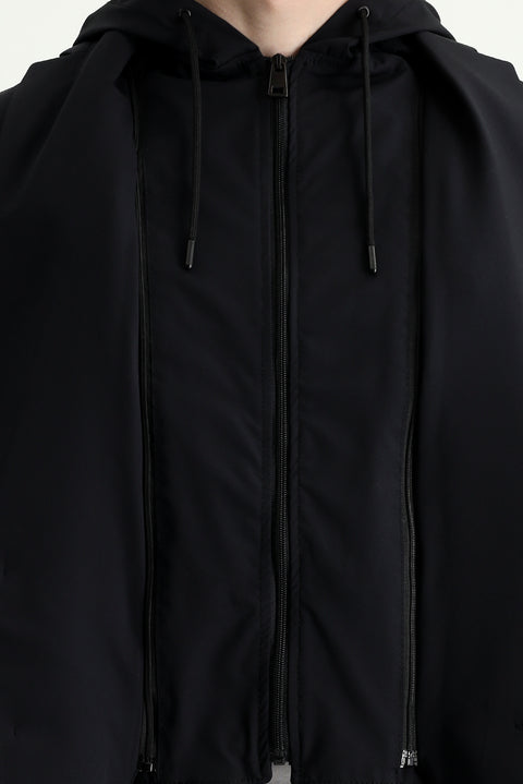 Siyah Techno-Line 7 Drop Slim Fit Dar Kesim Kapüşonlu Örme Spor Ceket