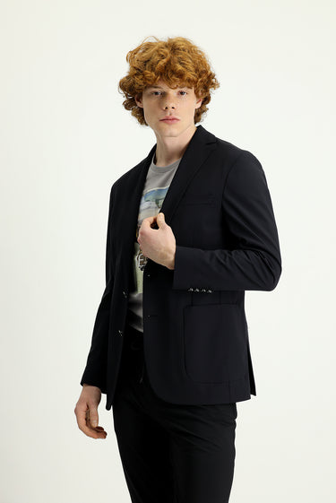 Siyah Techno-Line Slim Fit Dar Kesim Kapüşonlu Örme Spor Ceket