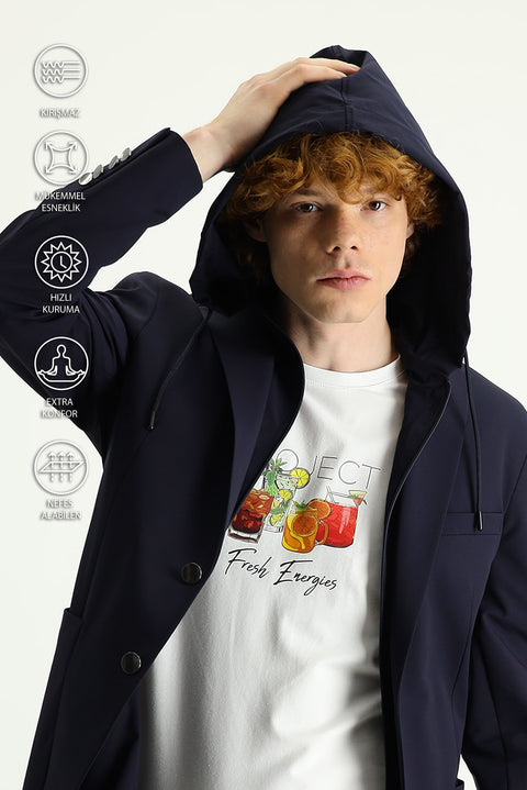 Koyu Lacivert Techno-Line 7 Drop Slim Fit Dar Kesim Kapüşonlu Örme Spor Ceket
