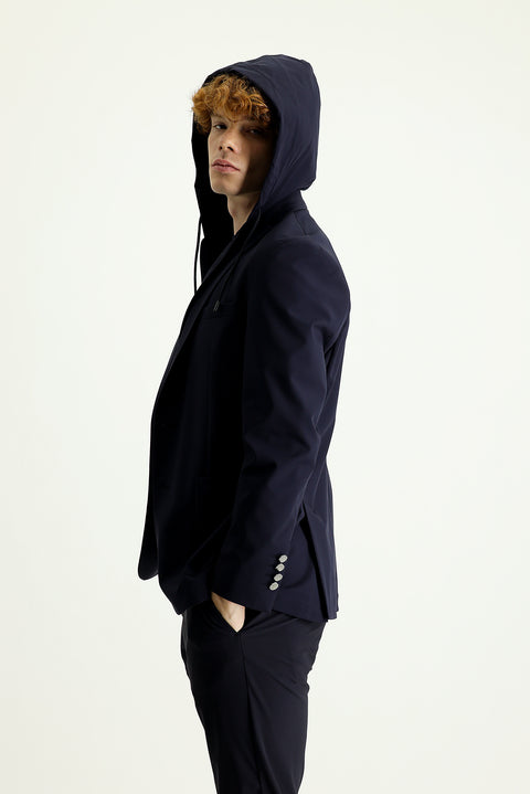 Koyu Lacivert Techno-Line 7 Drop Slim Fit Dar Kesim Kapüşonlu Örme Spor Ceket