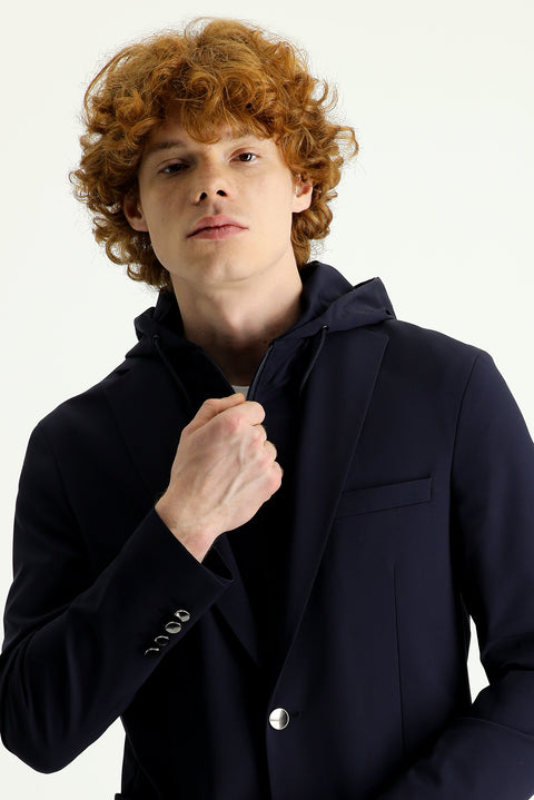 Koyu Lacivert Techno-Line 7 Drop Slim Fit Dar Kesim Kapüşonlu Örme Spor Ceket