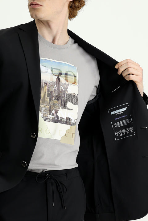 Siyah Techno-Line 7 Drop Slim Fit Dar Kesim Örme Spor Ceket
