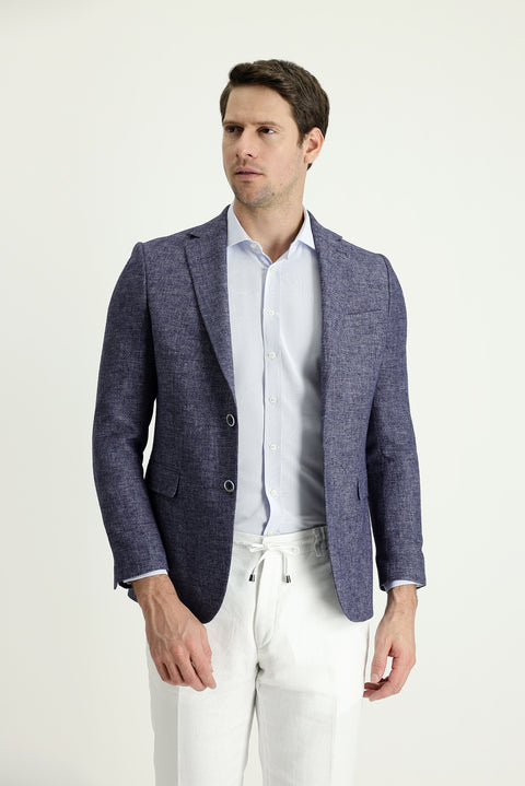 Açık Lacivert 7 Drop Slim Fit Dar Kesim Klasik Desenli Keten Ceket