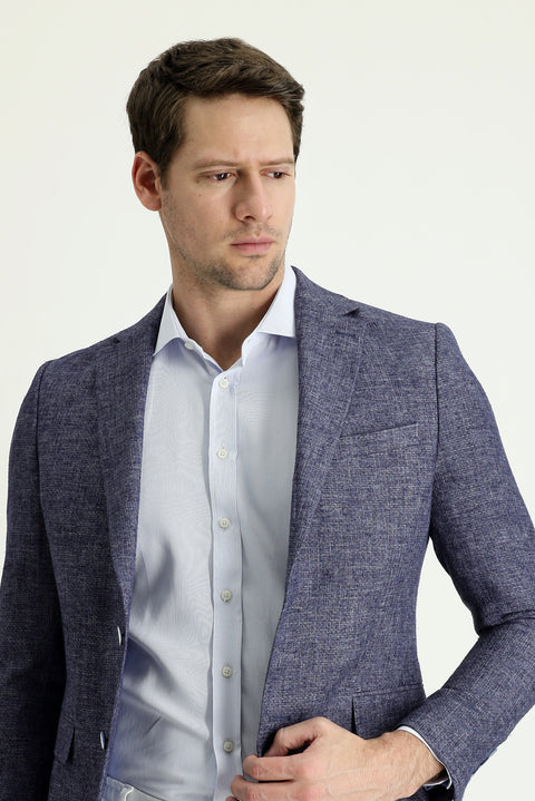 Açık Lacivert 7 Drop Slim Fit Dar Kesim Klasik Desenli Keten Ceket
