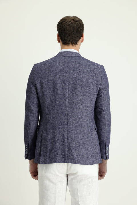 Açık Lacivert 7 Drop Slim Fit Dar Kesim Klasik Desenli Keten Ceket
