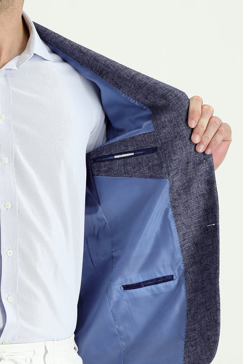 Açık Lacivert 7 Drop Slim Fit Dar Kesim Klasik Desenli Keten Ceket