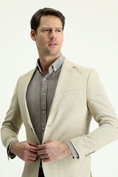 Orta Bej 7 Drop Slim Fit Dar Kesim Klasik Desenli Keten Ceket