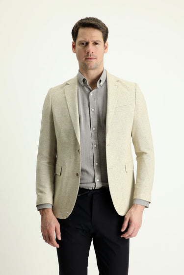 Orta Bej Slim Fit Dar Kesim Klasik Desenli Keten Karışımlı Ceket