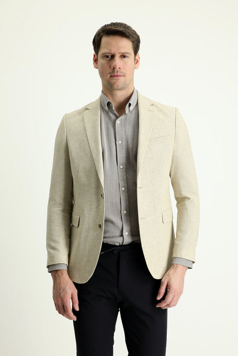 Orta Bej 7 Drop Slim Fit Dar Kesim Klasik Desenli Keten Ceket