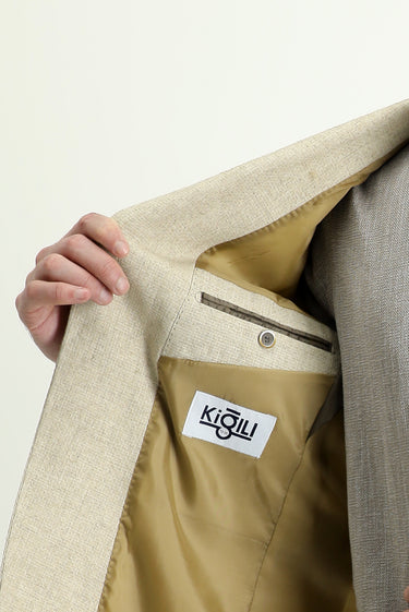 Orta Bej Slim Fit Dar Kesim Klasik Desenli Keten Ceket