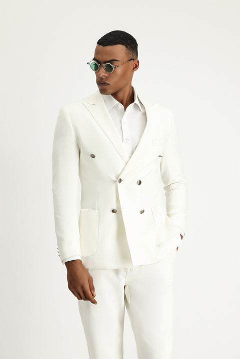 Krem 7 Drop Super Slim Fit Eksra Dar Kesim Kruvaze Keten Karışımlı Ceket