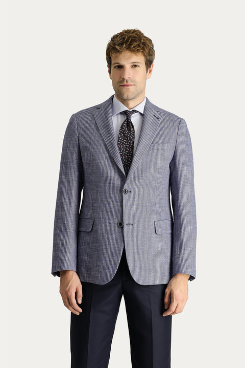 Koyu Lacivert 6 Drop Regular Fit Standart Kesim Klasik Desenli Keten Ceket