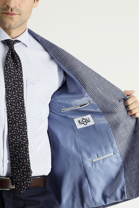 Koyu Lacivert 6 Drop Regular Fit Standart Kesim Klasik Desenli Keten Ceket