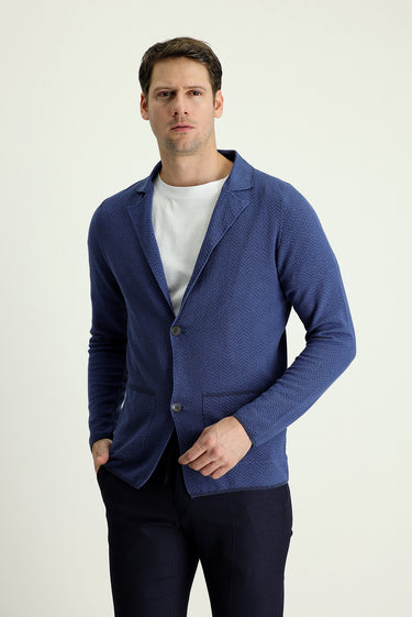 Siyah Lacivert Slim Fit Dar Kesim Desenli Pamuklu Triko Hırka