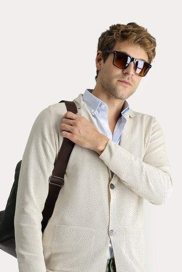  Açık Bej Slim Fit Dar Kesim Desenli Pamuklu Triko Hırka