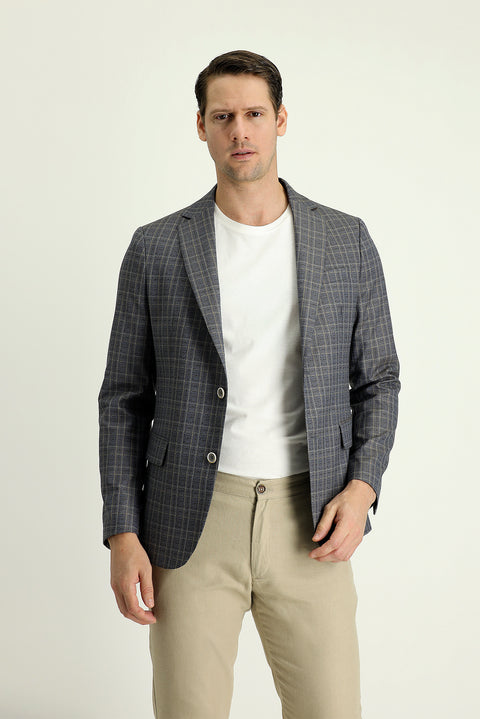 Orta Kahve 4 Drop Relaxed Fit Rahat Kesim Ekose Spor Ceket