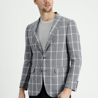 Koyu Lacivert Relaxed Fit Rahat Kesim Ekose Keten Karışımlı Ceket