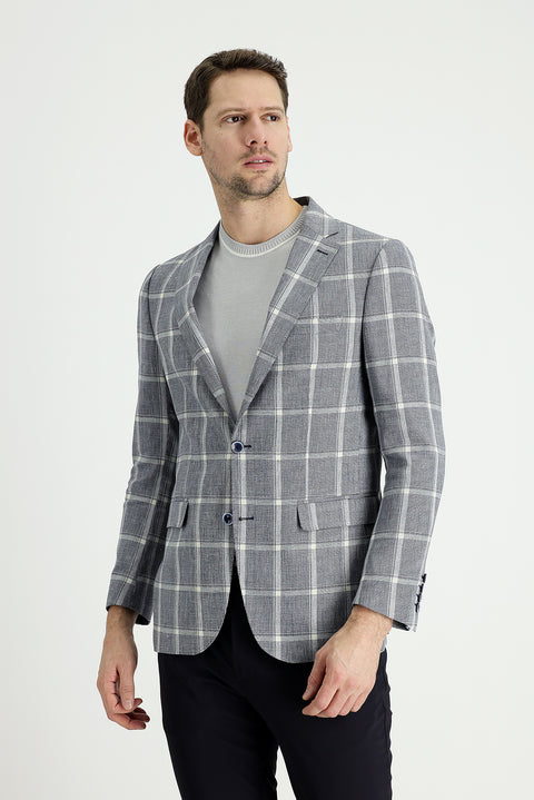 Koyu Lacivert 4 Drop Relaxed Fit Rahat Kesim Ekose Keten Karışımlı Ceket