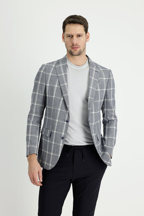 Koyu Lacivert 4 Drop Relaxed Fit Rahat Kesim Ekose Keten Karışımlı Ceket