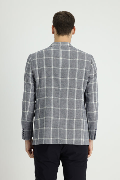 Koyu Lacivert 4 Drop Relaxed Fit Rahat Kesim Ekose Keten Karışımlı Ceket