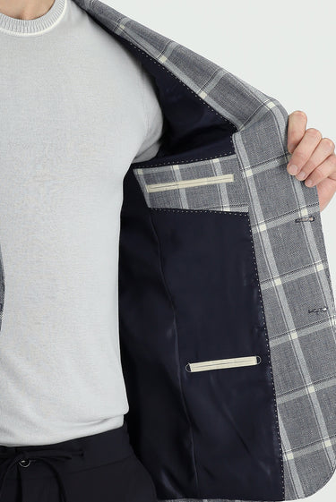 Koyu Lacivert Regular Fit Ekose Keten Karışımlı Ceket