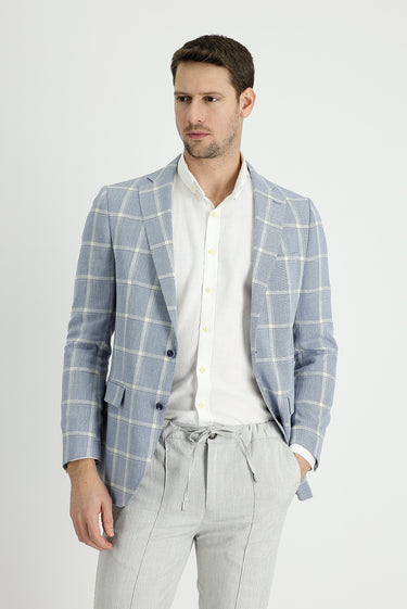 Mavi Regular Fit Ekose Keten Karışımlı Ceket