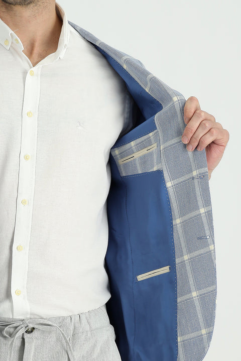 Mavi 4 Drop Relaxed Fit Rahat Kesim Ekose Keten Karışımlı Ceket