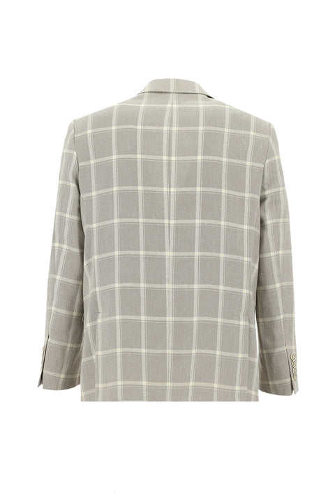 Dark Beige 4-Drop Relaxed Fit Plaid Linen Blend Jacket