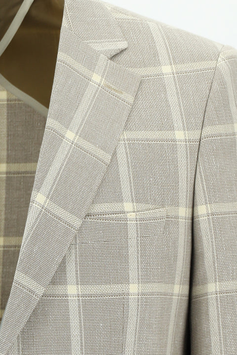 Koyu Bej 6 Drop Regular Fit Standart Kesim Ekose Keten Karışımlı Ceket