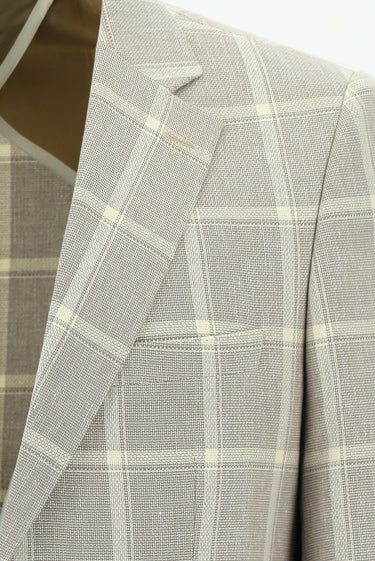 Koyu Bej Relaxed Fit Rahat Kesim Ekose Keten Karışımlı Ceket