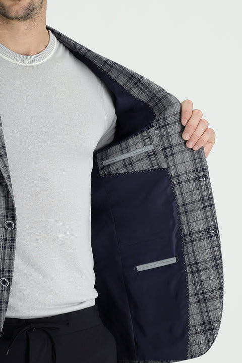 Koyu Lacivert 7 Drop Slim Fit Dar Kesim Ekose Keten Ceket