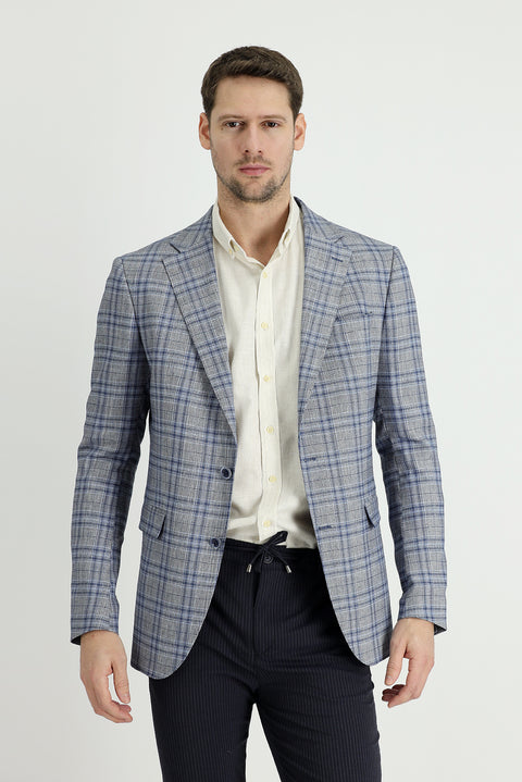 Mavi 7 Drop Slim Fit Dar Kesim Ekose Keten Karışımlı Ceket