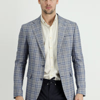 Blue 8 Drop Muscle Fit Long Athletic Cut Plaid Linen Blend Jacket